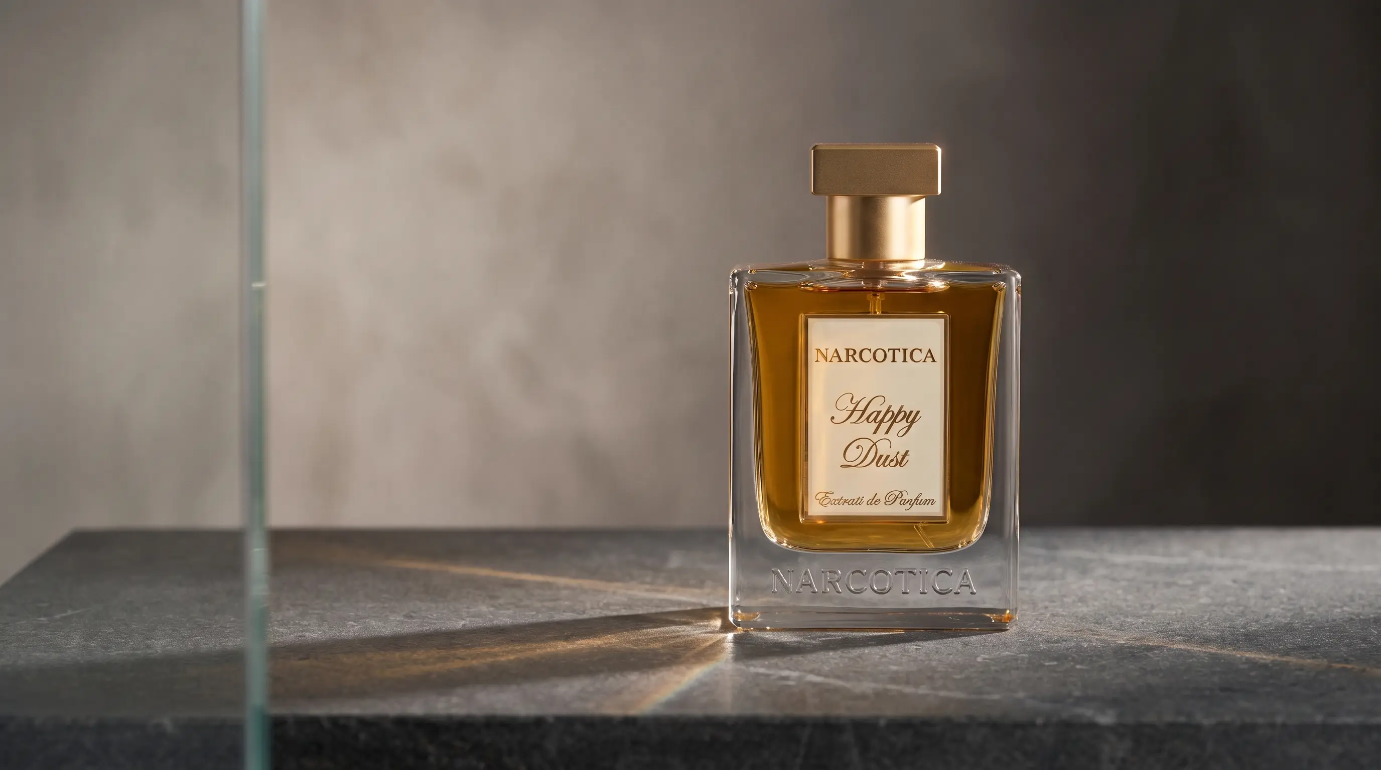 Narcotica Happy Dust Extrait de Parfum on a stone surface, with warm light refracted through the glass.